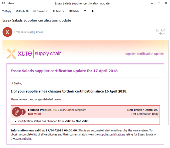 Supplier Certification Update email screenshot